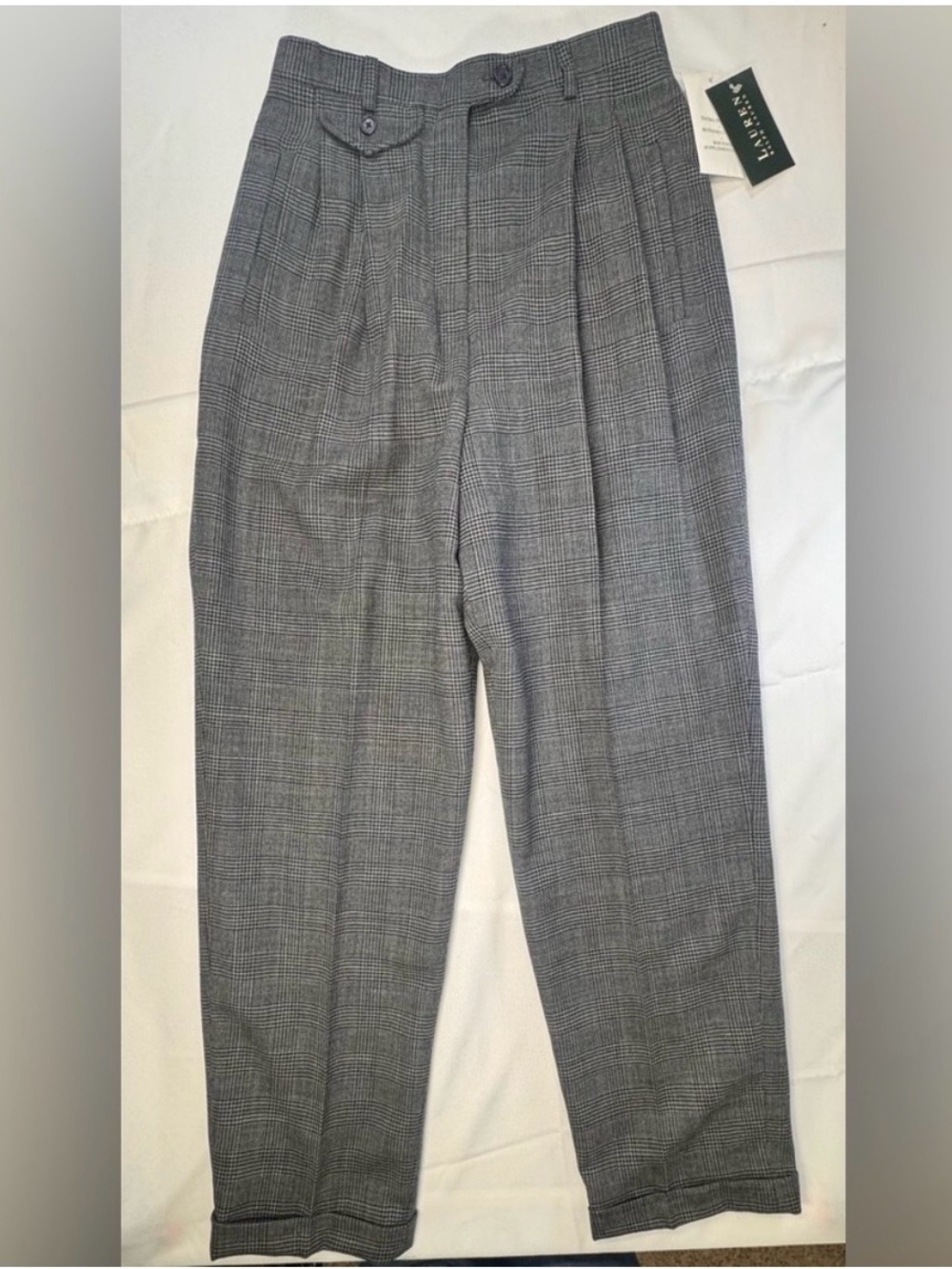 Lauren Ralph Lauren Glen Plaid Pleated Wool Trousers Gray & White Size 8